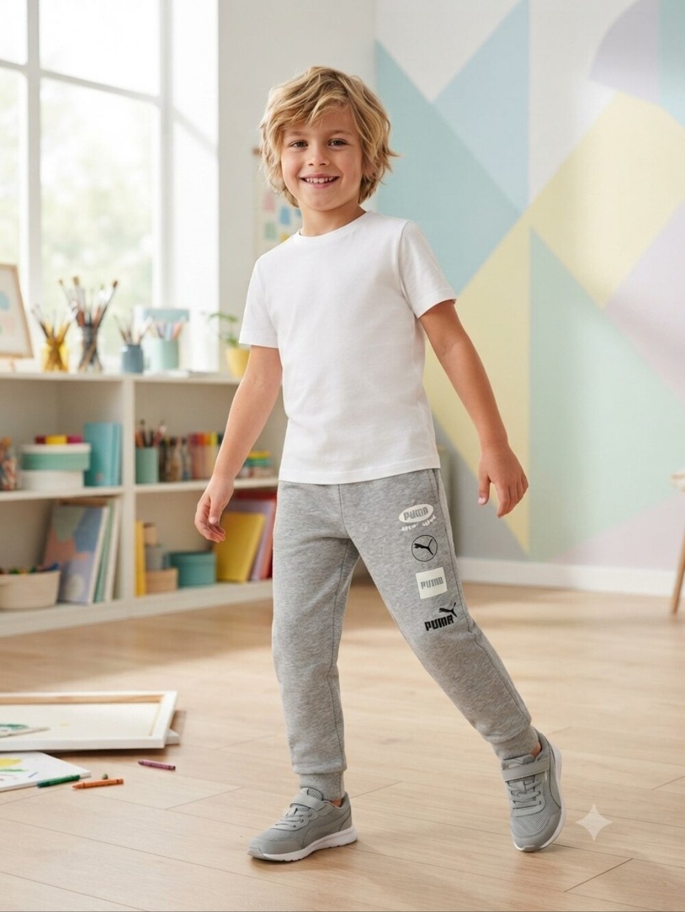 Puma Kids Boys Gray Jogger Sweatpants Size 5 Multi Logo Sport Activewear Pants (